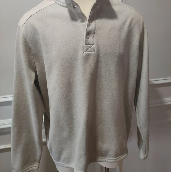Mens beige fleece mock neck long sleeve shirt - Picture 3 of 6
